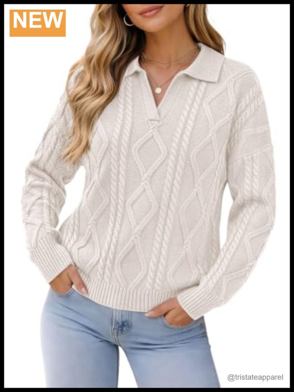Women's Cable Knit Oversized Polo V Neck Sweater, Long Sleeve Pullover Fall